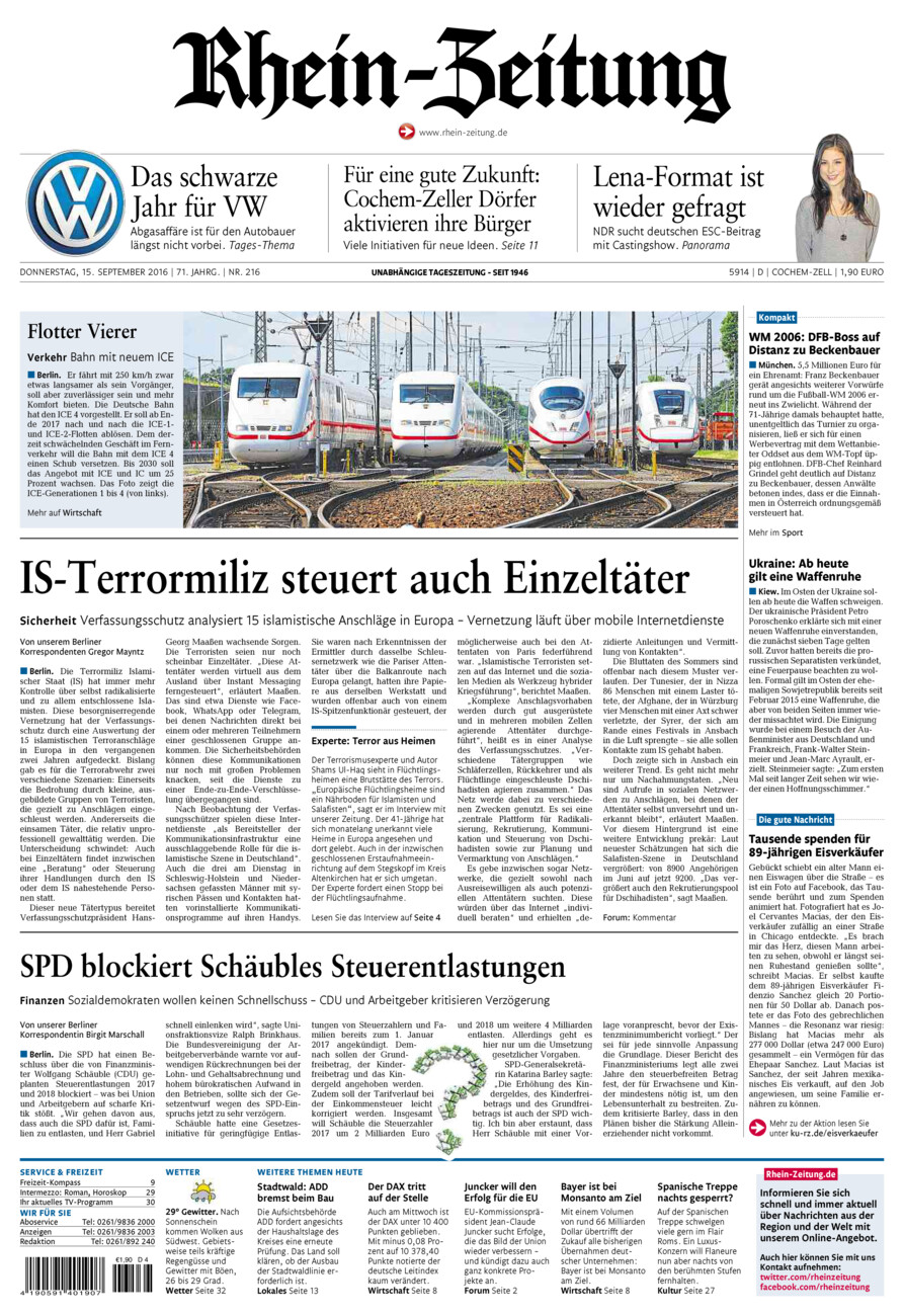 Rhein-Zeitung Kreis Cochem-Zell vom Donnerstag, 15.09.2016