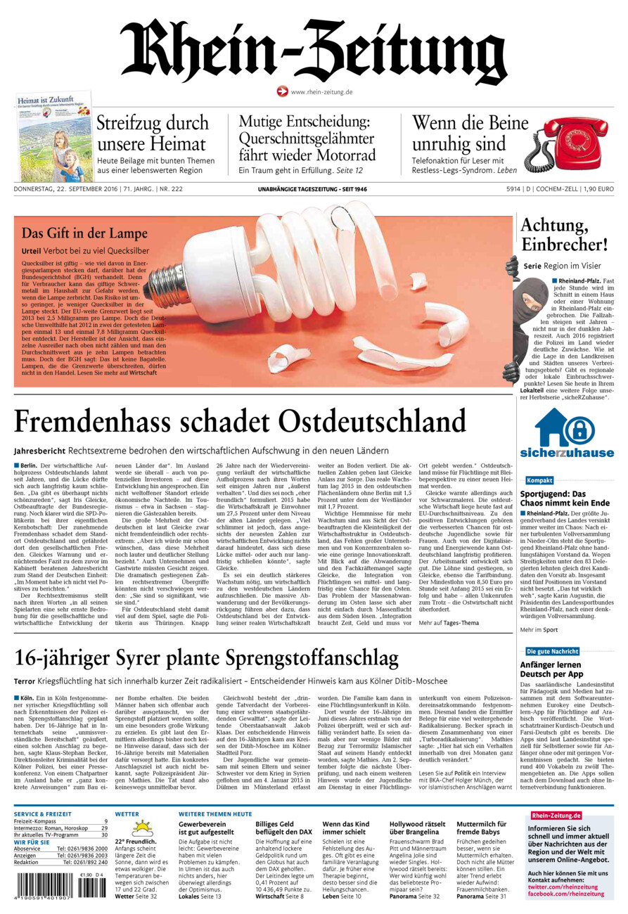 Rhein-Zeitung Kreis Cochem-Zell vom Donnerstag, 22.09.2016