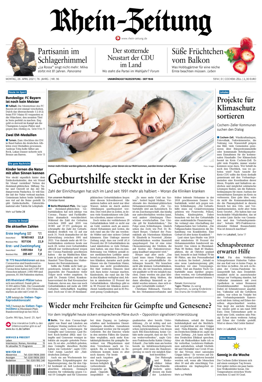 Rhein-Zeitung Kreis Cochem-Zell vom Montag, 26.04.2021