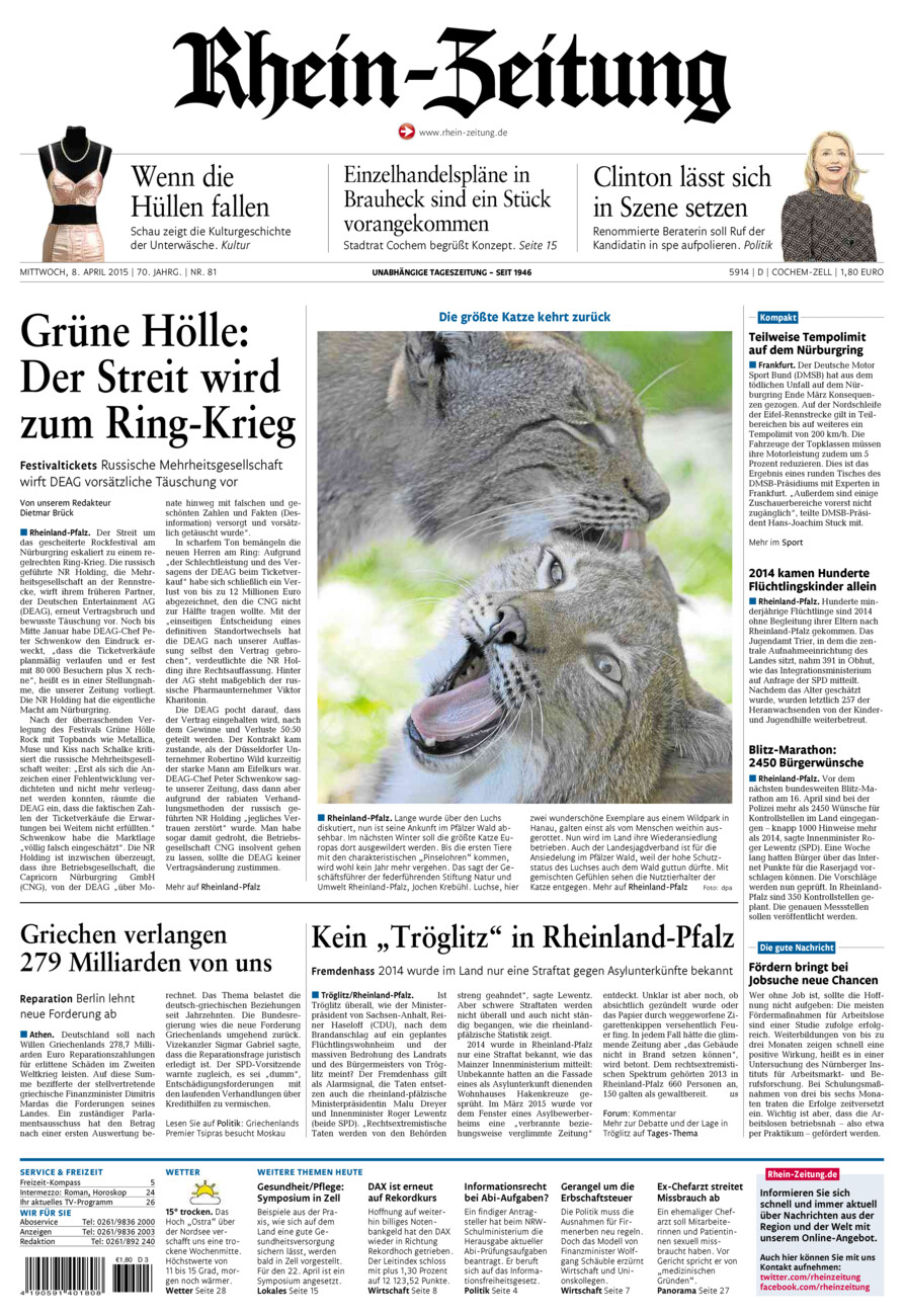 Rhein-Zeitung Kreis Cochem-Zell vom Mittwoch, 08.04.2015