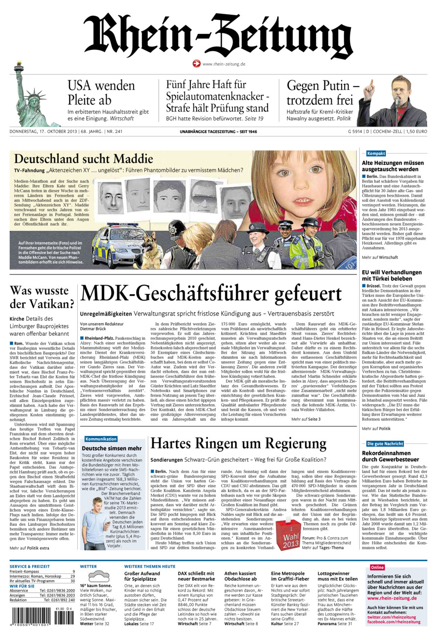 Rhein-Zeitung Kreis Cochem-Zell vom Donnerstag, 17.10.2013
