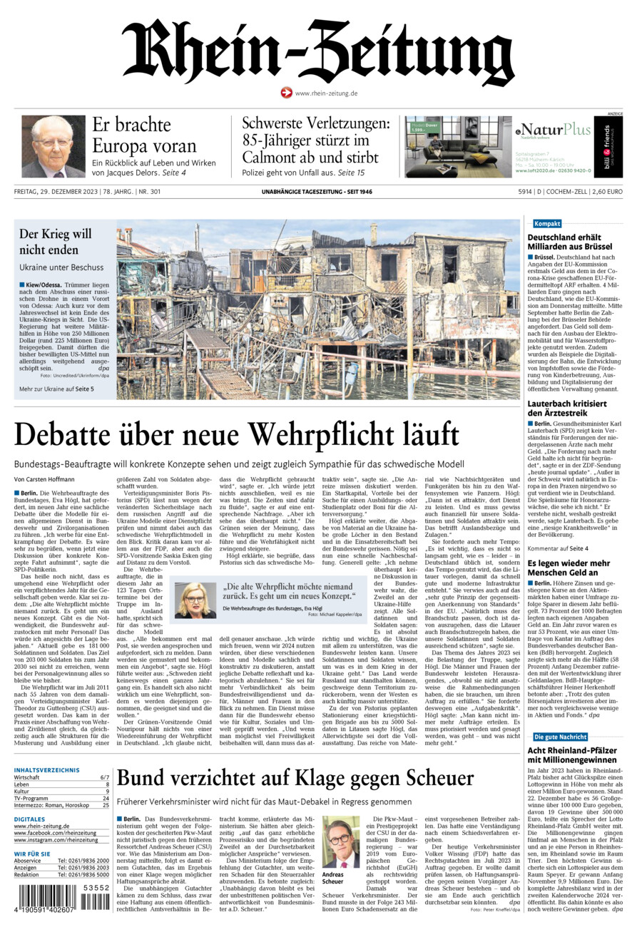 Rhein-Zeitung Kreis Cochem-Zell vom Freitag, 29.12.2023