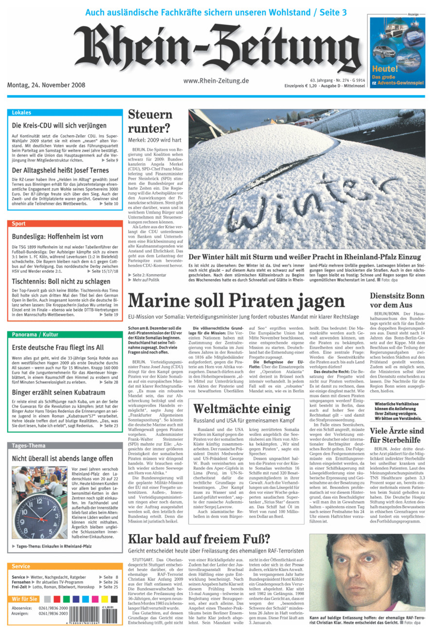 Rhein-Zeitung Kreis Cochem-Zell vom Montag, 24.11.2008