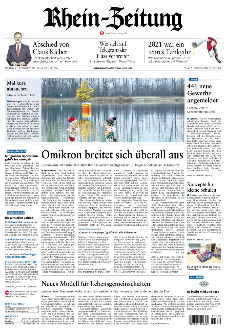Rhein-Zeitung Kreis Cochem-Zell vom Montag, 27.12.2021