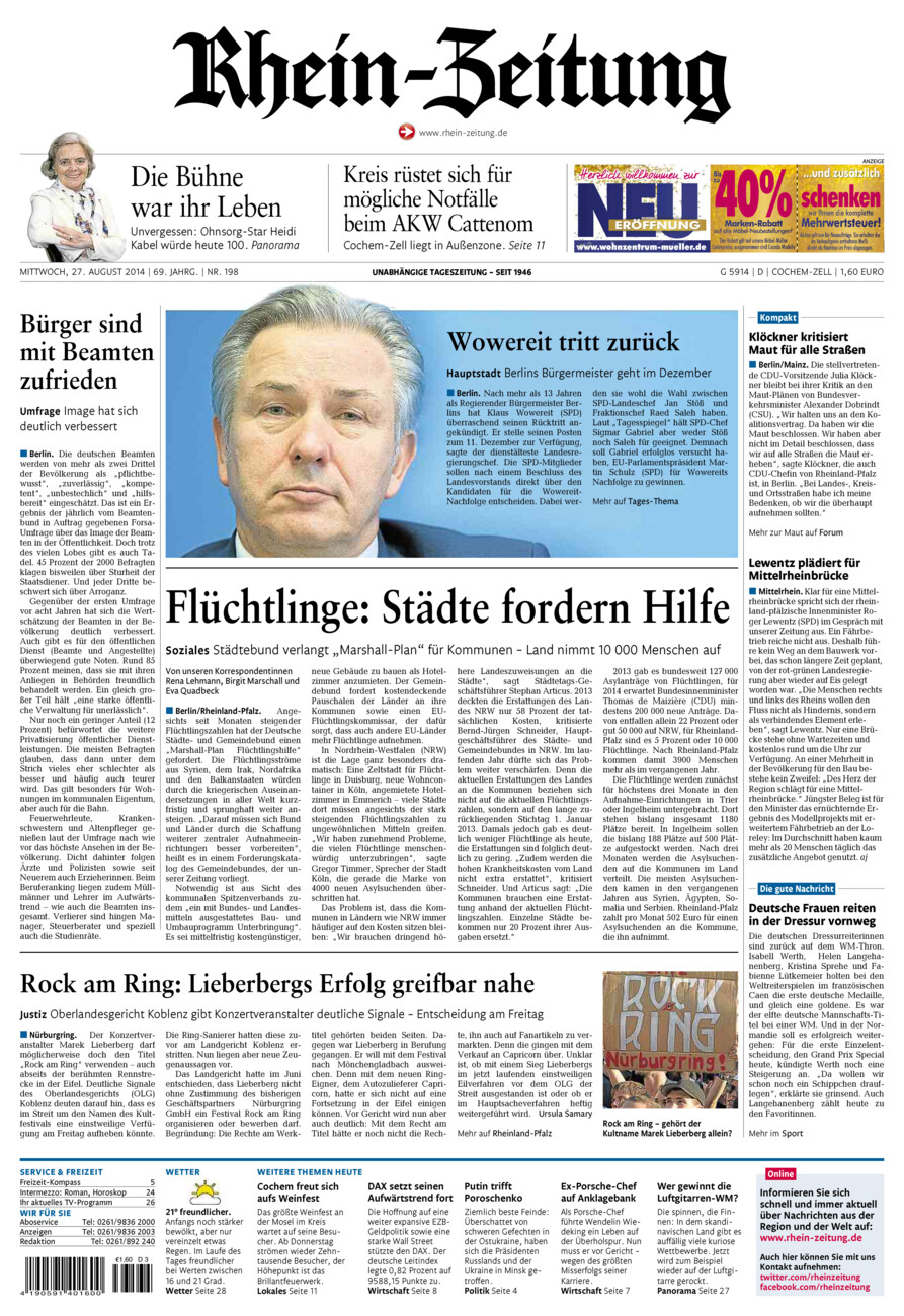 Rhein-Zeitung Kreis Cochem-Zell vom Mittwoch, 27.08.2014