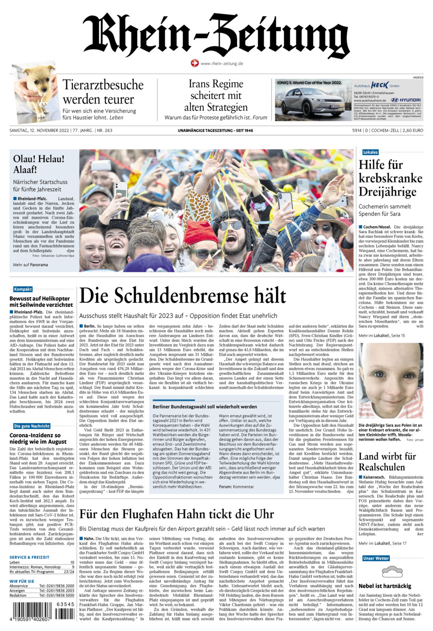 Rhein-Zeitung Kreis Cochem-Zell vom Samstag, 12.11.2022