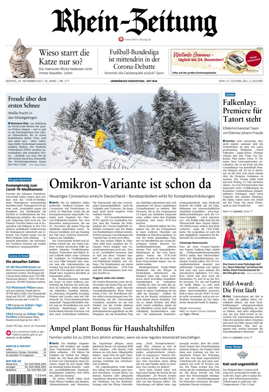 Rhein-Zeitung Kreis Cochem-Zell vom Montag, 29.11.2021
