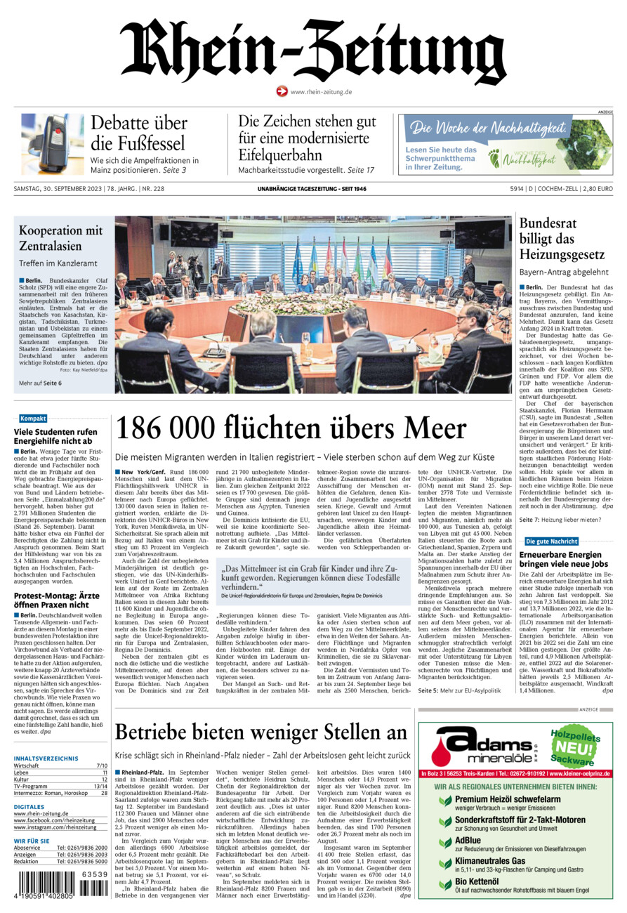 Rhein-Zeitung Kreis Cochem-Zell vom Samstag, 30.09.2023