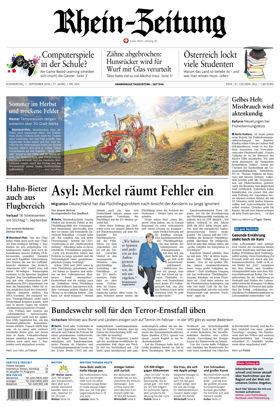 Rhein-Zeitung Kreis Cochem-Zell vom Donnerstag, 01.09.2016