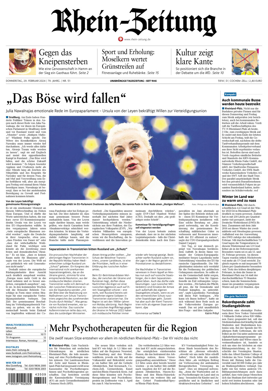 Rhein-Zeitung Kreis Cochem-Zell vom Donnerstag, 29.02.2024