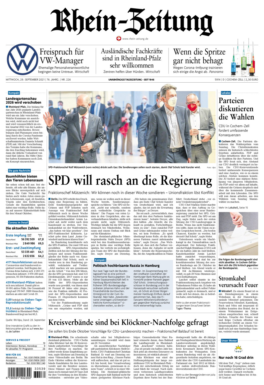 Rhein-Zeitung Kreis Cochem-Zell vom Mittwoch, 29.09.2021