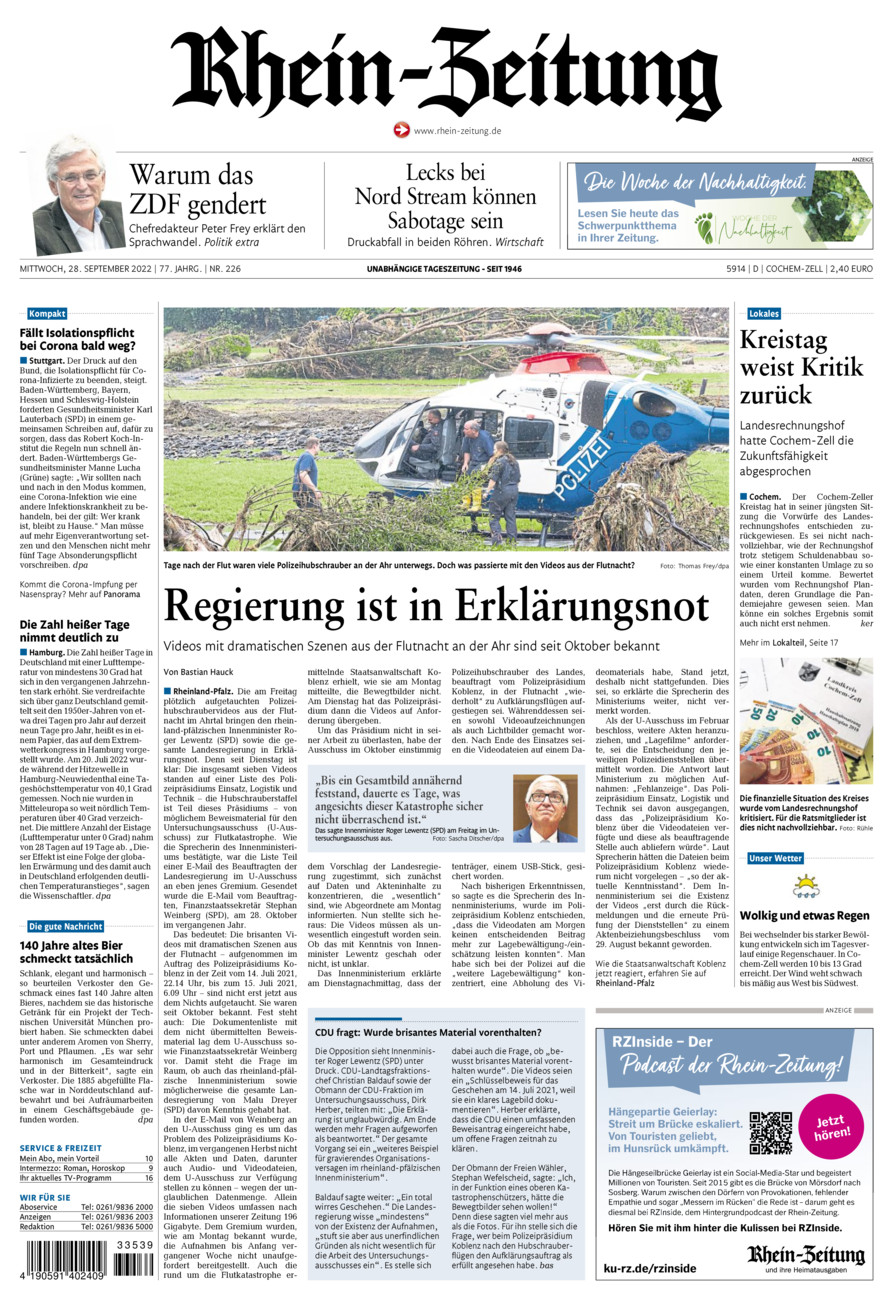 Rhein-Zeitung Kreis Cochem-Zell vom Mittwoch, 28.09.2022