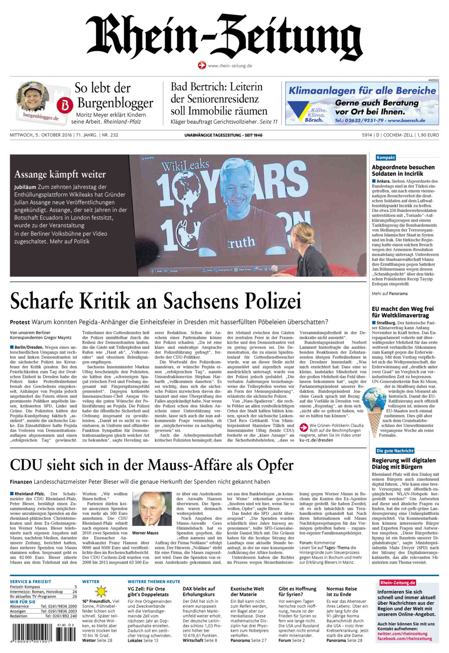 Rhein-Zeitung Kreis Cochem-Zell vom Mittwoch, 05.10.2016