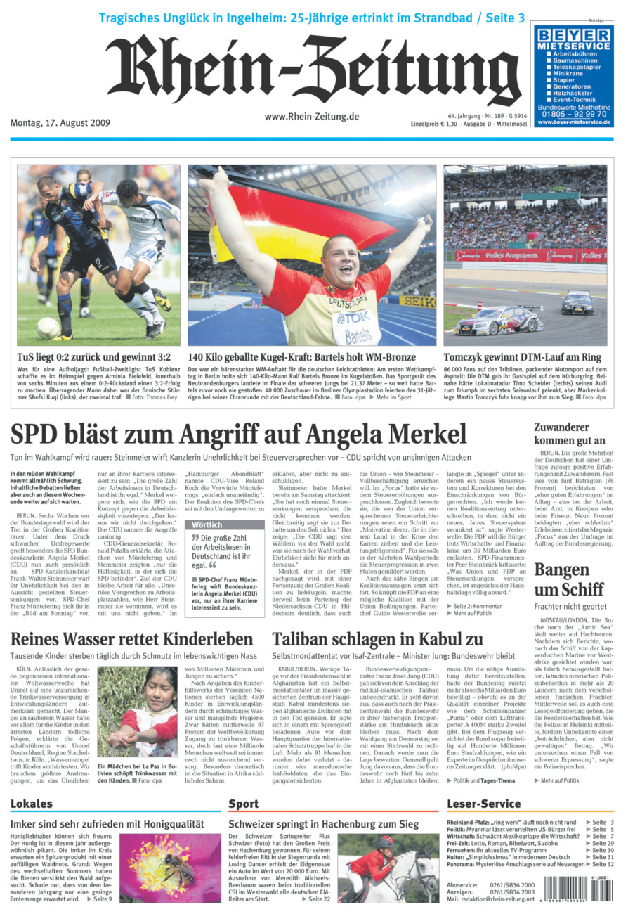 Rhein-Zeitung Kreis Cochem-Zell vom Montag, 17.08.2009