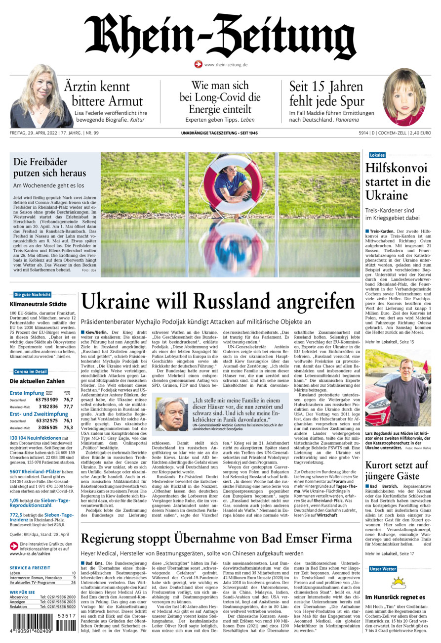Rhein-Zeitung Kreis Cochem-Zell vom Freitag, 29.04.2022