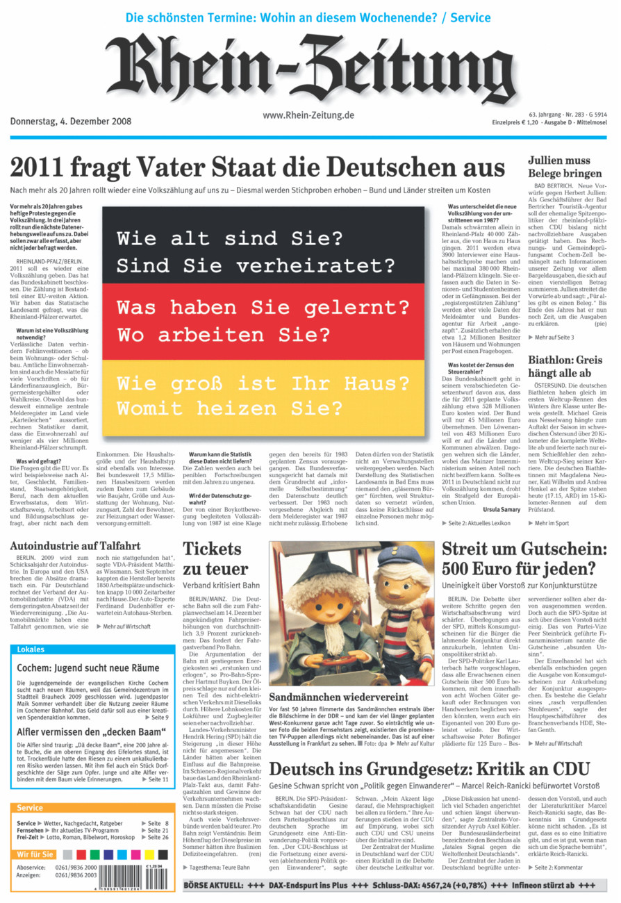 Rhein-Zeitung Kreis Cochem-Zell vom Donnerstag, 04.12.2008