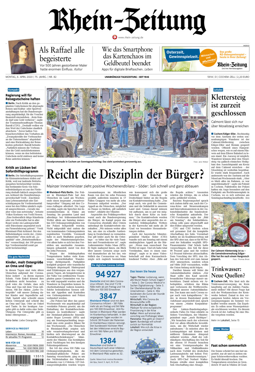 Rhein-Zeitung Kreis Cochem-Zell vom Montag, 06.04.2020