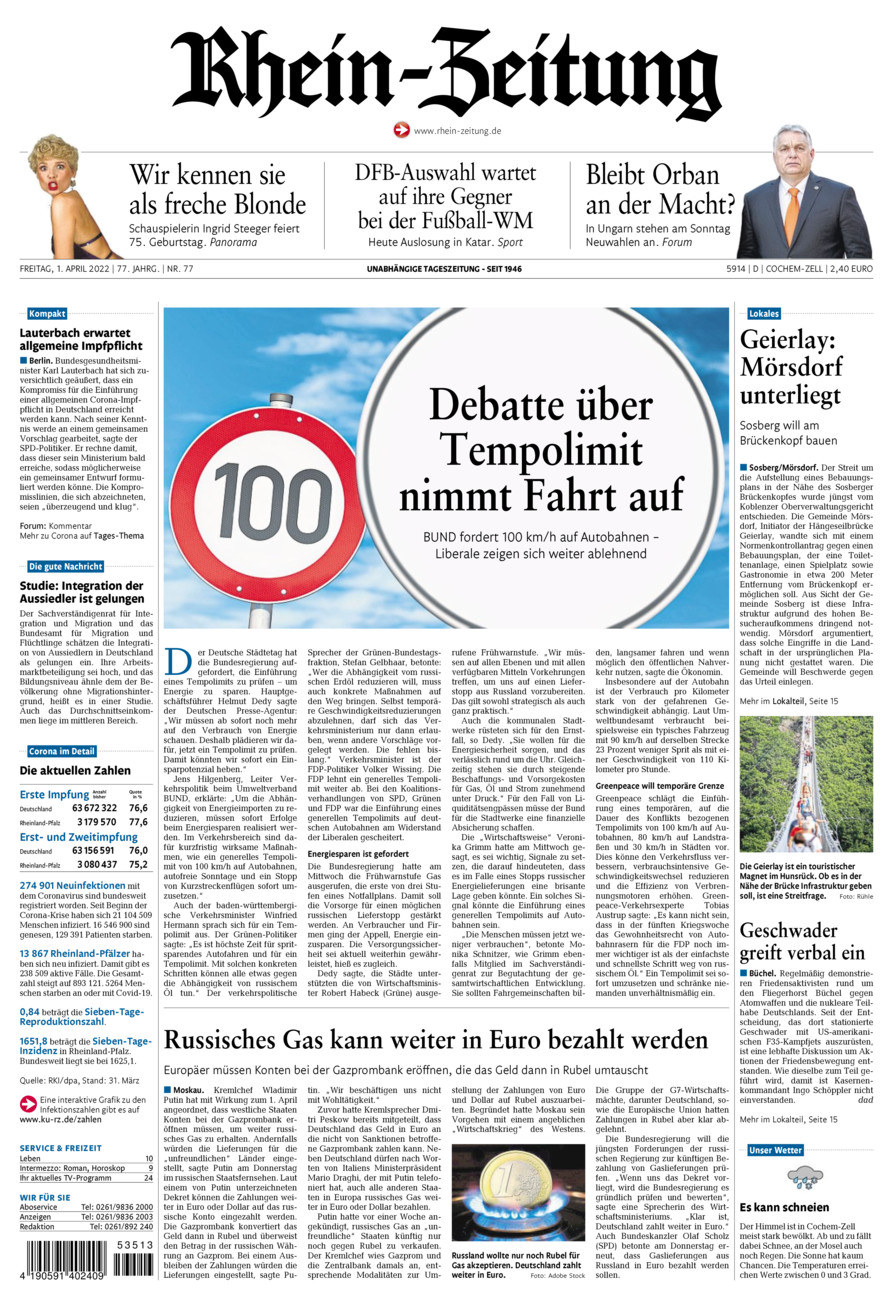 Rhein-Zeitung Kreis Cochem-Zell vom Freitag, 01.04.2022