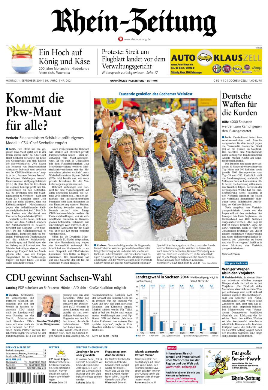 Rhein-Zeitung Kreis Cochem-Zell vom Montag, 01.09.2014