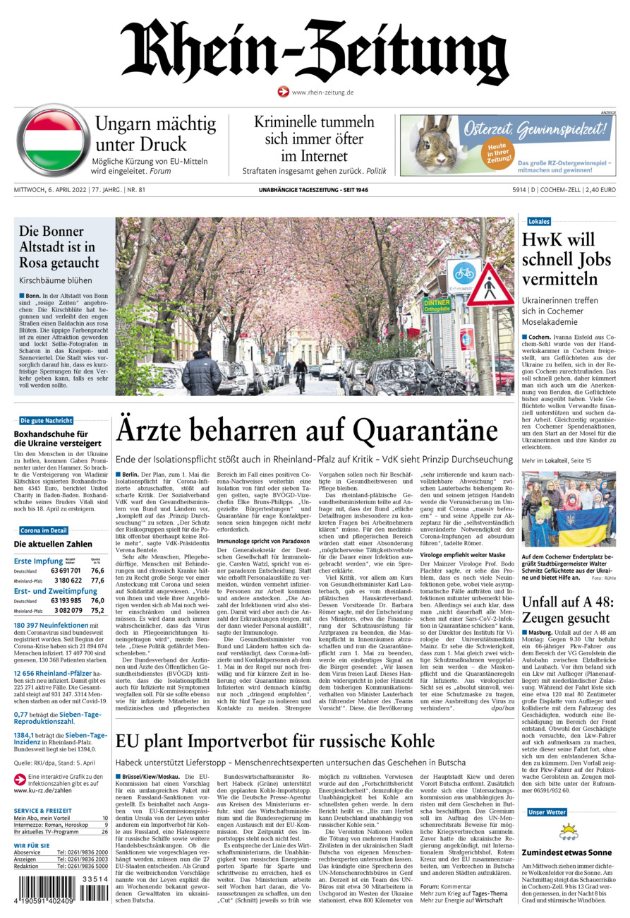 Rhein-Zeitung Kreis Cochem-Zell vom Mittwoch, 06.04.2022