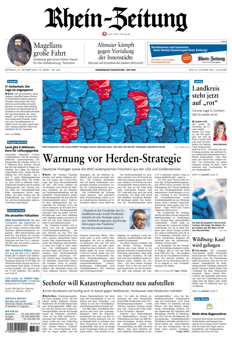 Rhein-Zeitung Kreis Cochem-Zell vom Mittwoch, 21.10.2020
