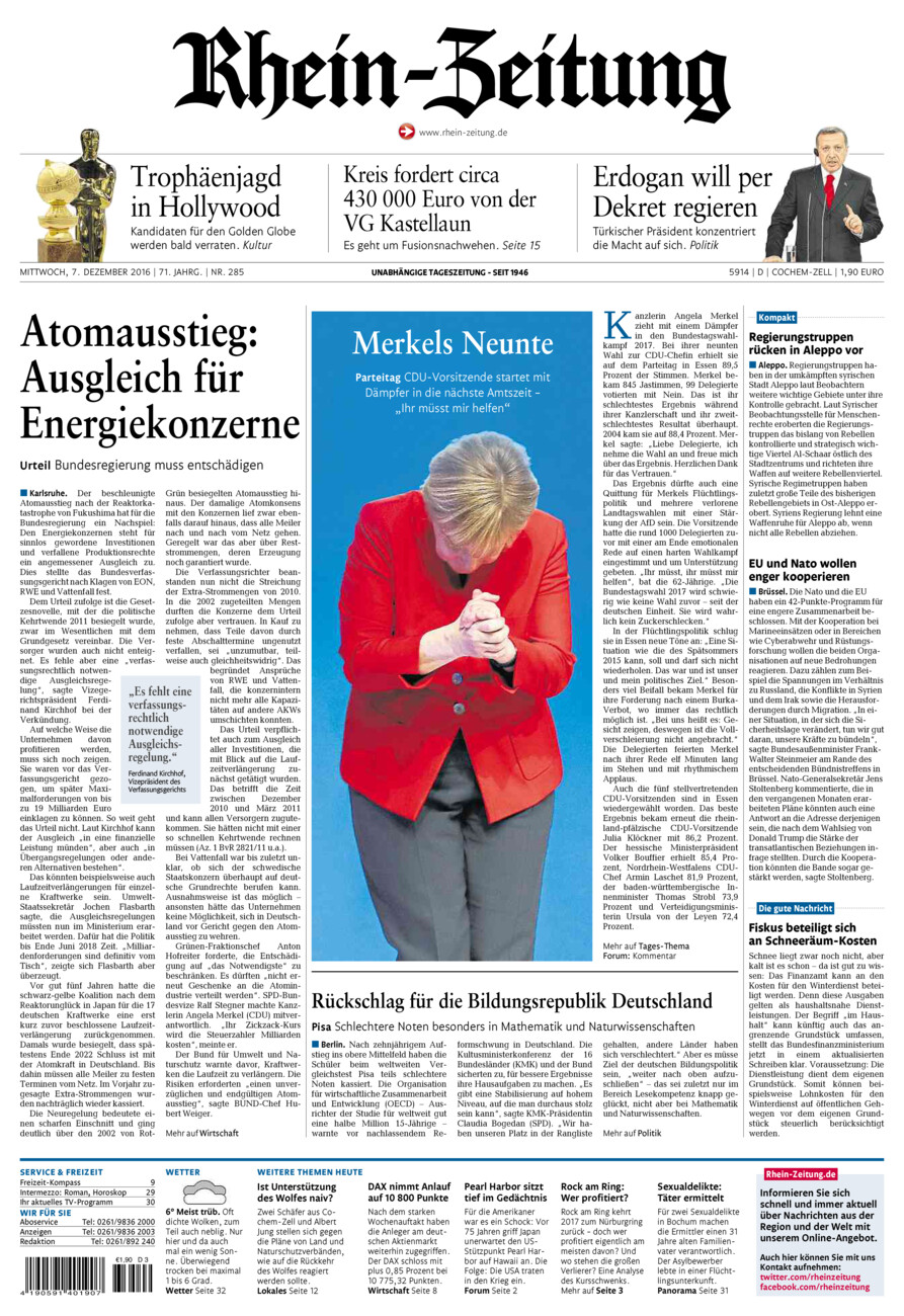 Rhein-Zeitung Kreis Cochem-Zell vom Mittwoch, 07.12.2016