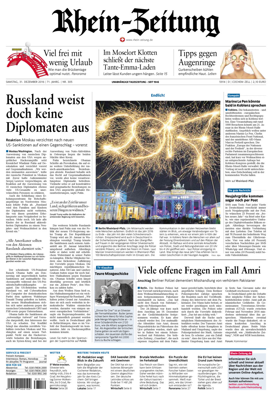 Rhein-Zeitung Kreis Cochem-Zell vom Samstag, 31.12.2016