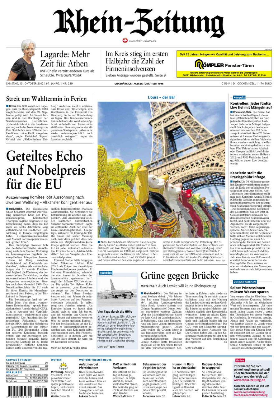 Rhein-Zeitung Kreis Cochem-Zell vom Samstag, 13.10.2012
