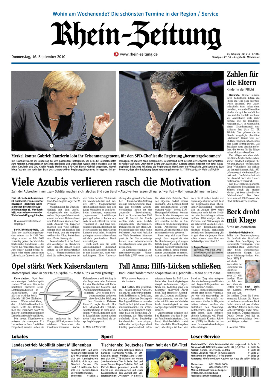 Rhein-Zeitung Kreis Cochem-Zell vom Donnerstag, 16.09.2010
