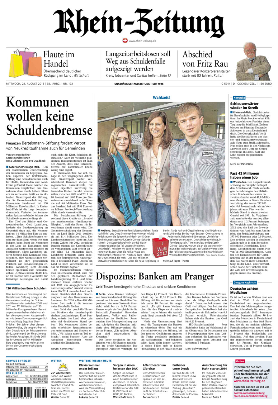 Rhein-Zeitung Kreis Cochem-Zell vom Mittwoch, 21.08.2013