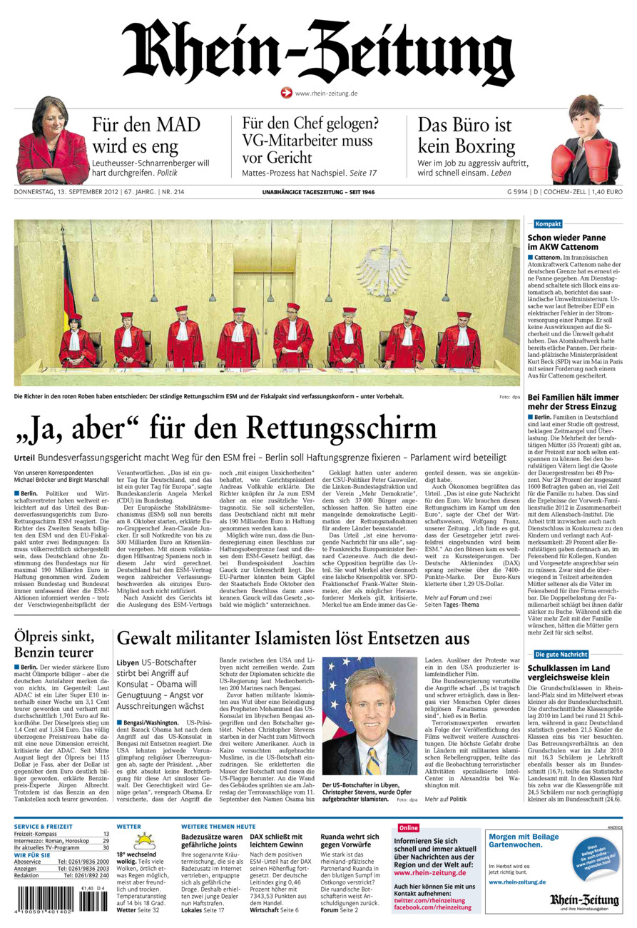 Rhein-Zeitung Kreis Cochem-Zell vom Donnerstag, 13.09.2012