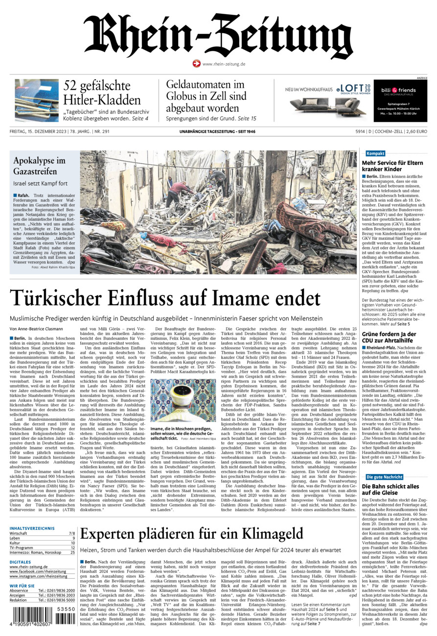 Rhein-Zeitung Kreis Cochem-Zell vom Freitag, 15.12.2023