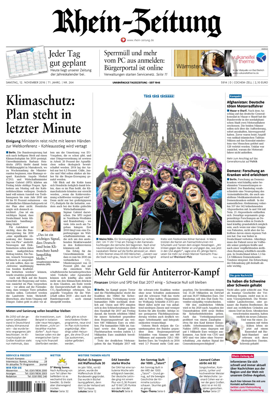 Rhein-Zeitung Kreis Cochem-Zell vom Samstag, 12.11.2016