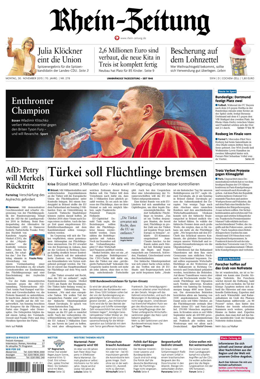 Rhein-Zeitung Kreis Cochem-Zell vom Montag, 30.11.2015