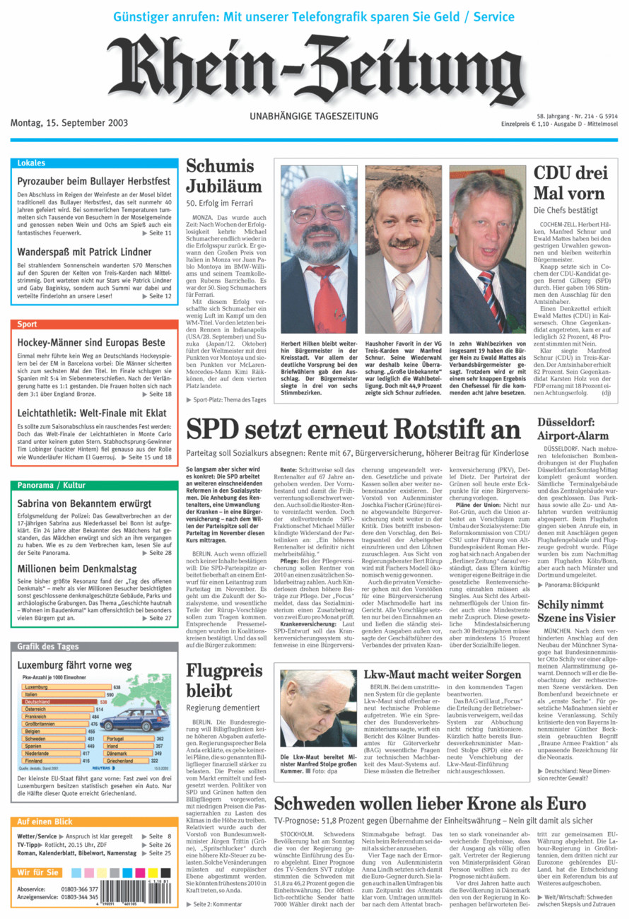 Rhein-Zeitung Kreis Cochem-Zell vom Montag, 15.09.2003
