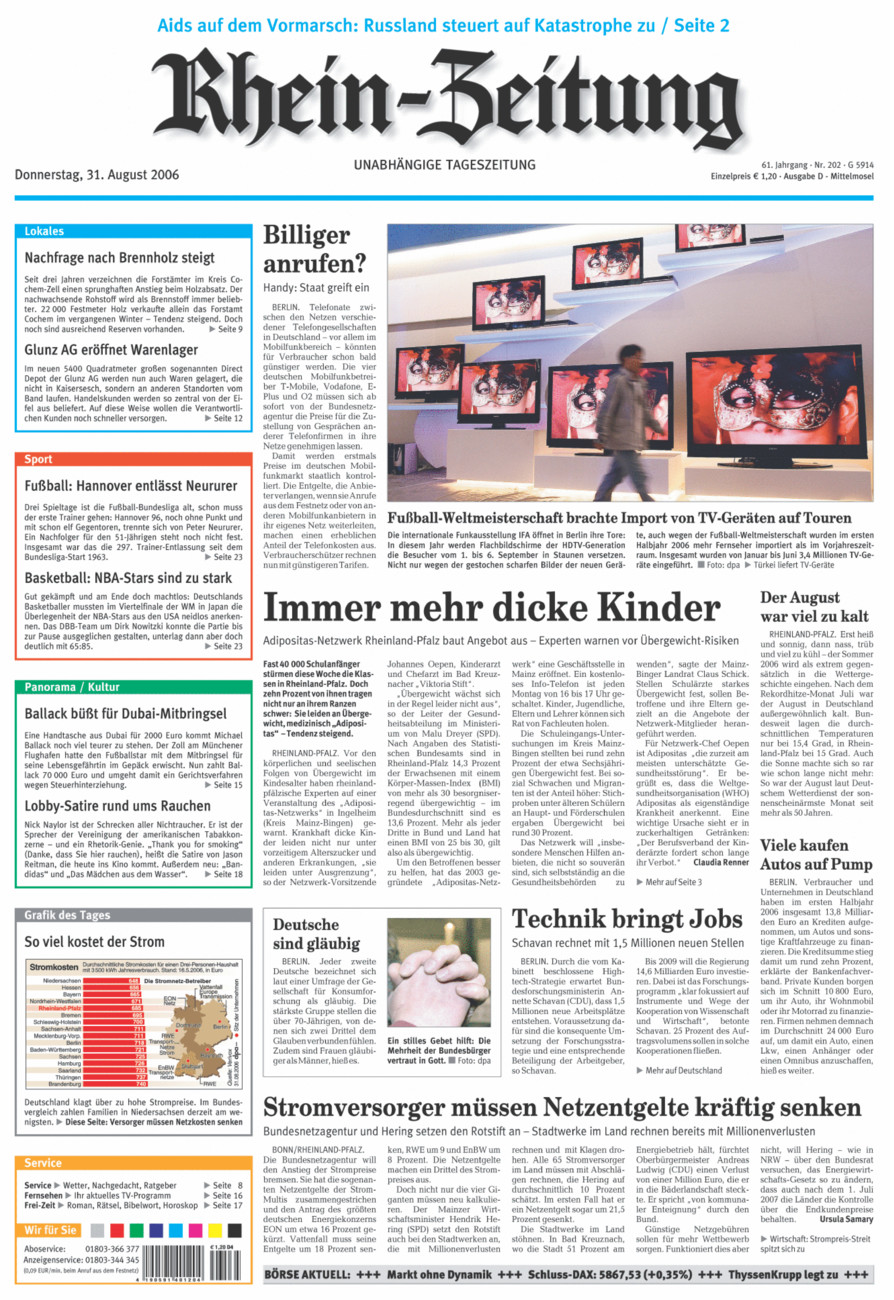 Rhein-Zeitung Kreis Cochem-Zell vom Donnerstag, 31.08.2006