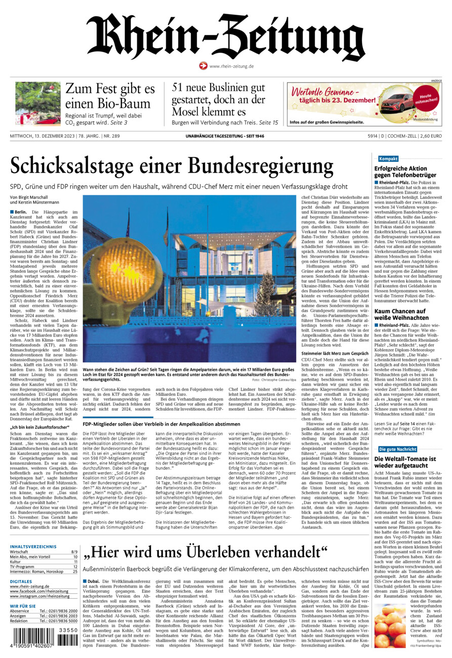 Rhein-Zeitung Kreis Cochem-Zell vom Mittwoch, 13.12.2023