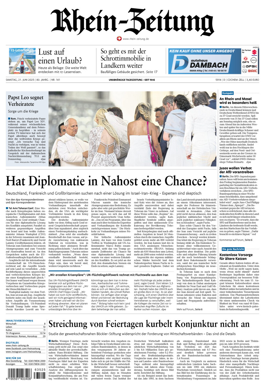 Rhein-Zeitung Kreis Cochem-Zell vom Samstag, 21.06.2025