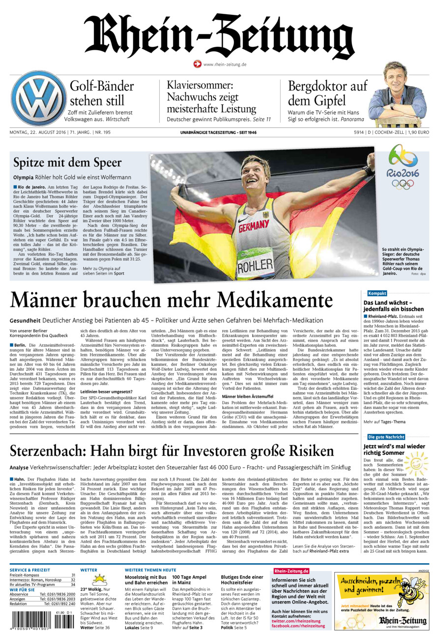 Rhein-Zeitung Kreis Cochem-Zell vom Montag, 22.08.2016