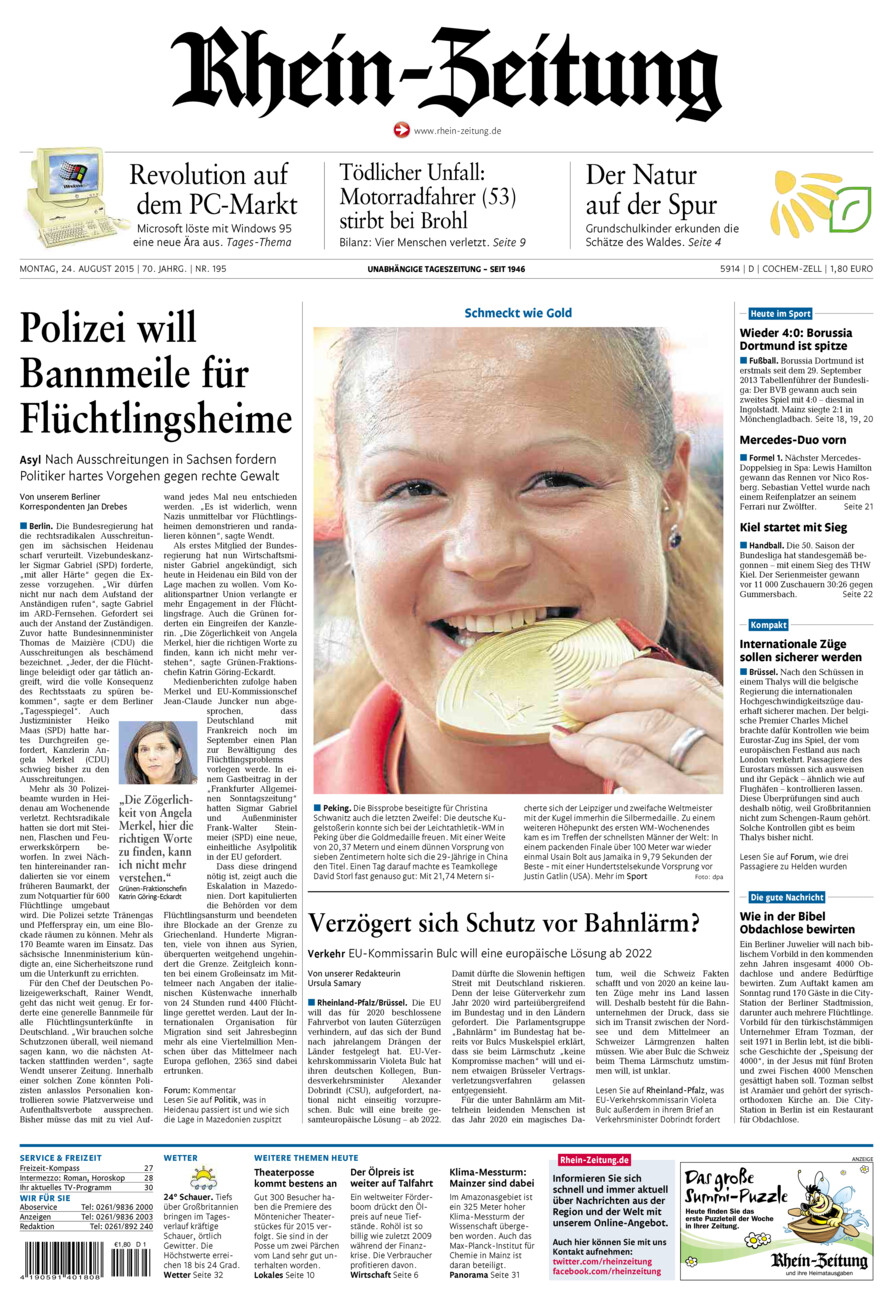 Rhein-Zeitung Kreis Cochem-Zell vom Montag, 24.08.2015