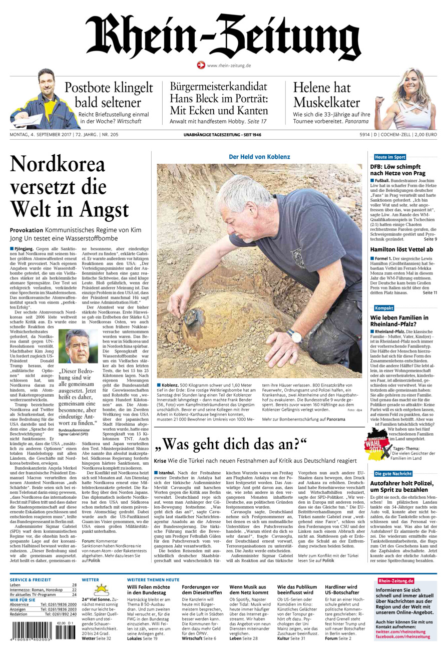 Rhein-Zeitung Kreis Cochem-Zell vom Montag, 04.09.2017