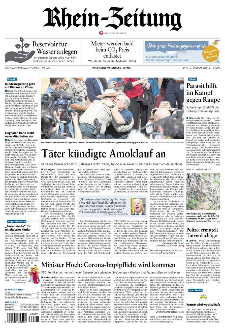 Rhein-Zeitung Kreis Cochem-Zell vom Freitag, 27.05.2022