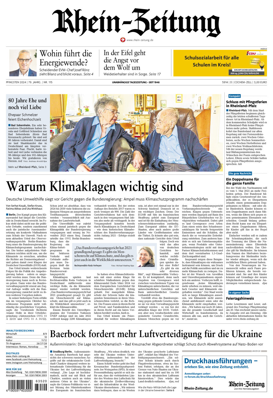 Rhein-Zeitung Kreis Cochem-Zell vom Samstag, 18.05.2024