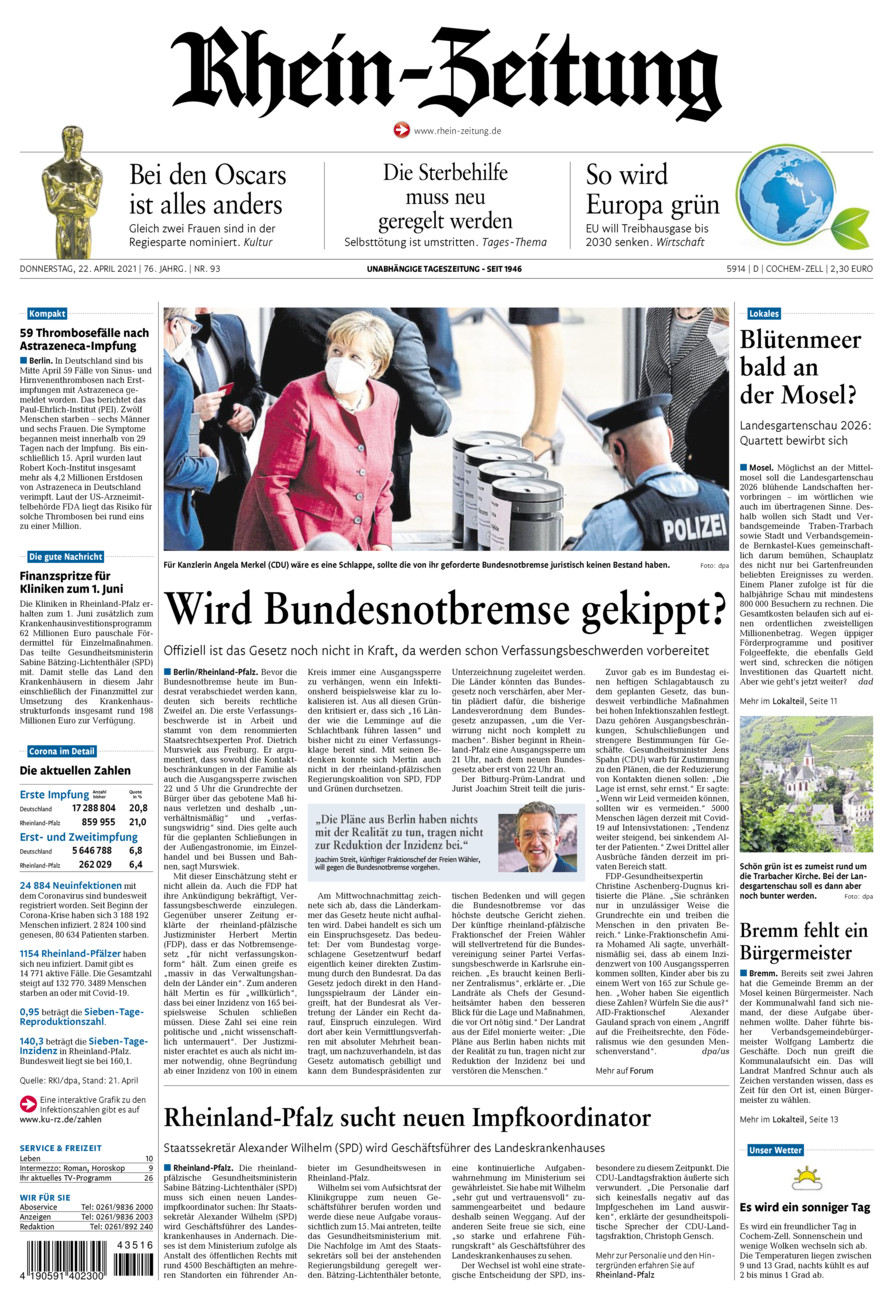 Rhein-Zeitung Kreis Cochem-Zell vom Donnerstag, 22.04.2021
