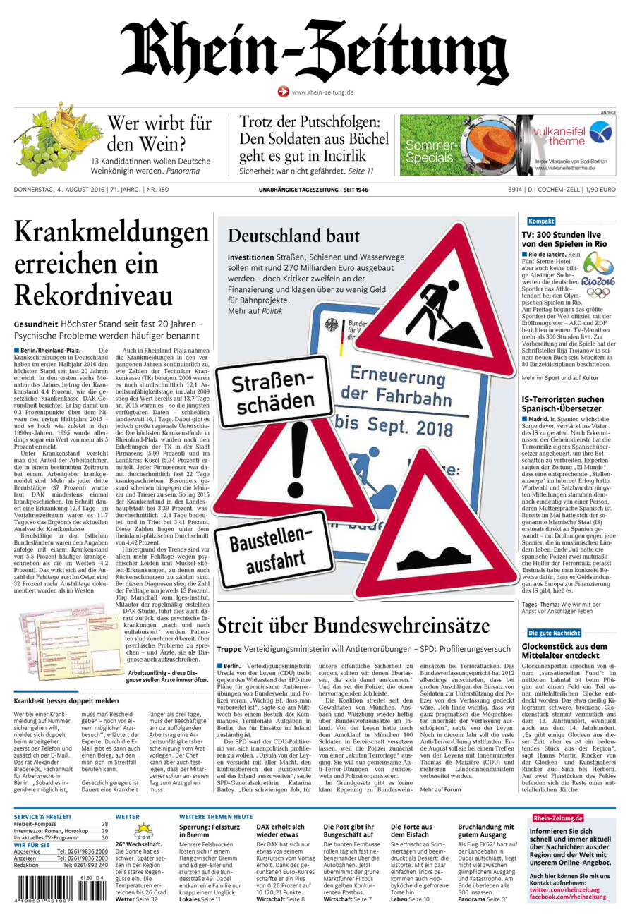 Rhein-Zeitung Kreis Cochem-Zell vom Donnerstag, 04.08.2016