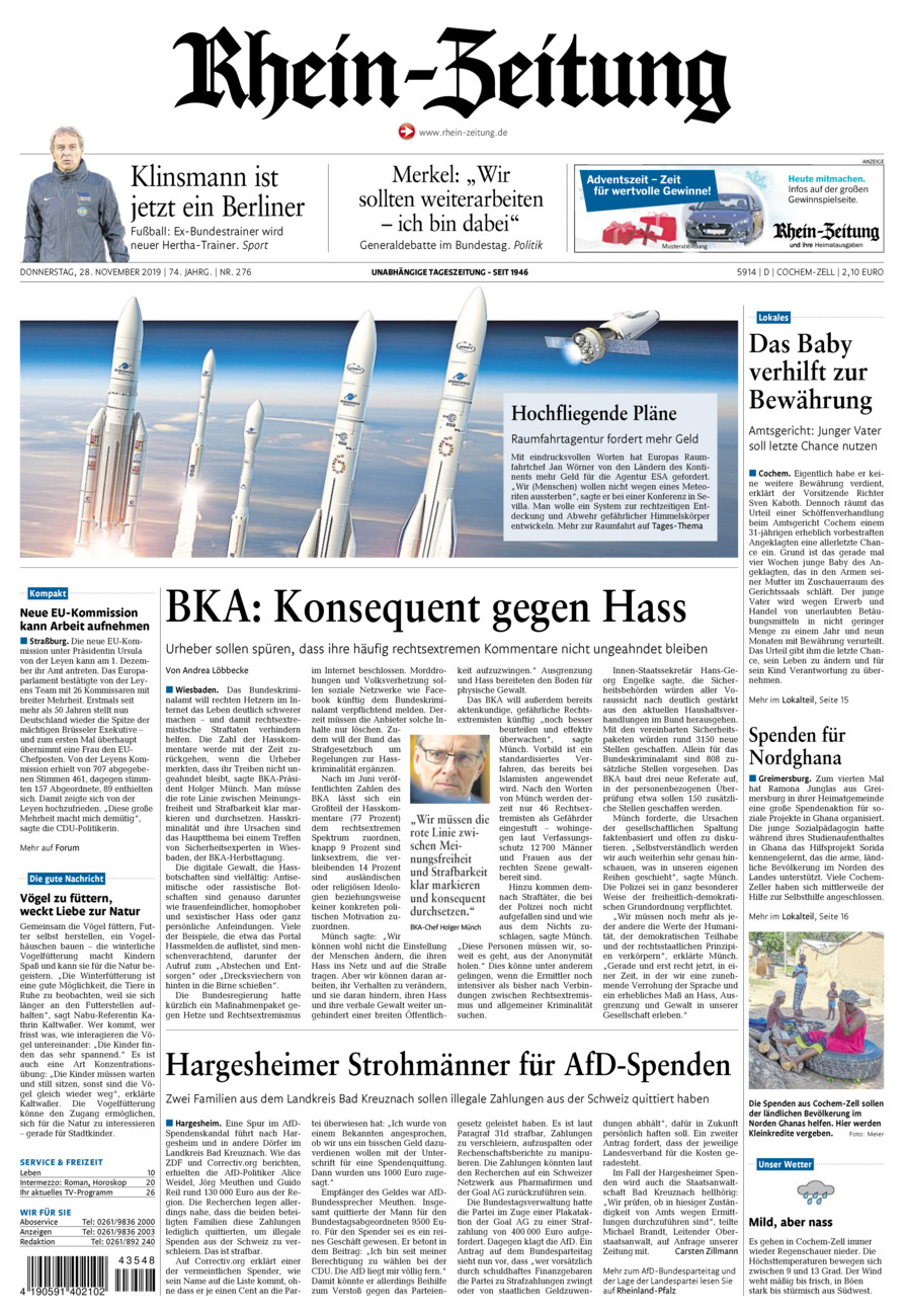 Rhein-Zeitung Kreis Cochem-Zell vom Donnerstag, 28.11.2019