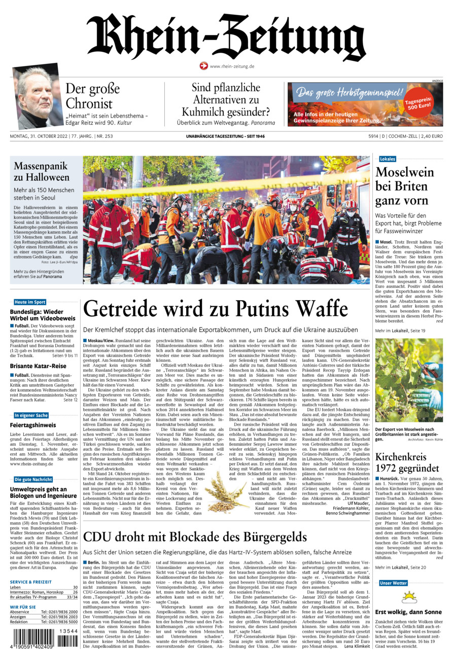 Rhein-Zeitung Kreis Cochem-Zell vom Montag, 31.10.2022