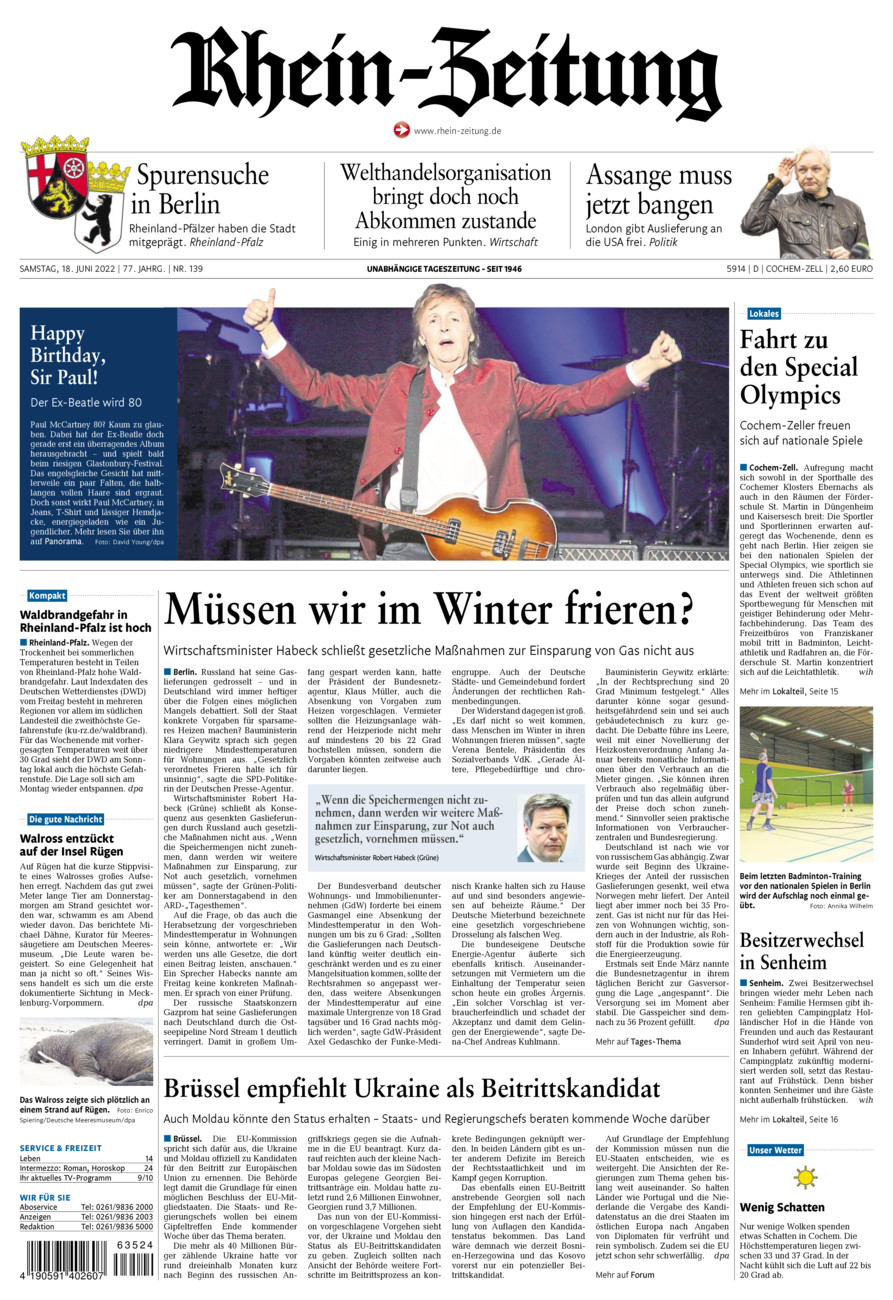 Rhein-Zeitung Kreis Cochem-Zell vom Samstag, 18.06.2022