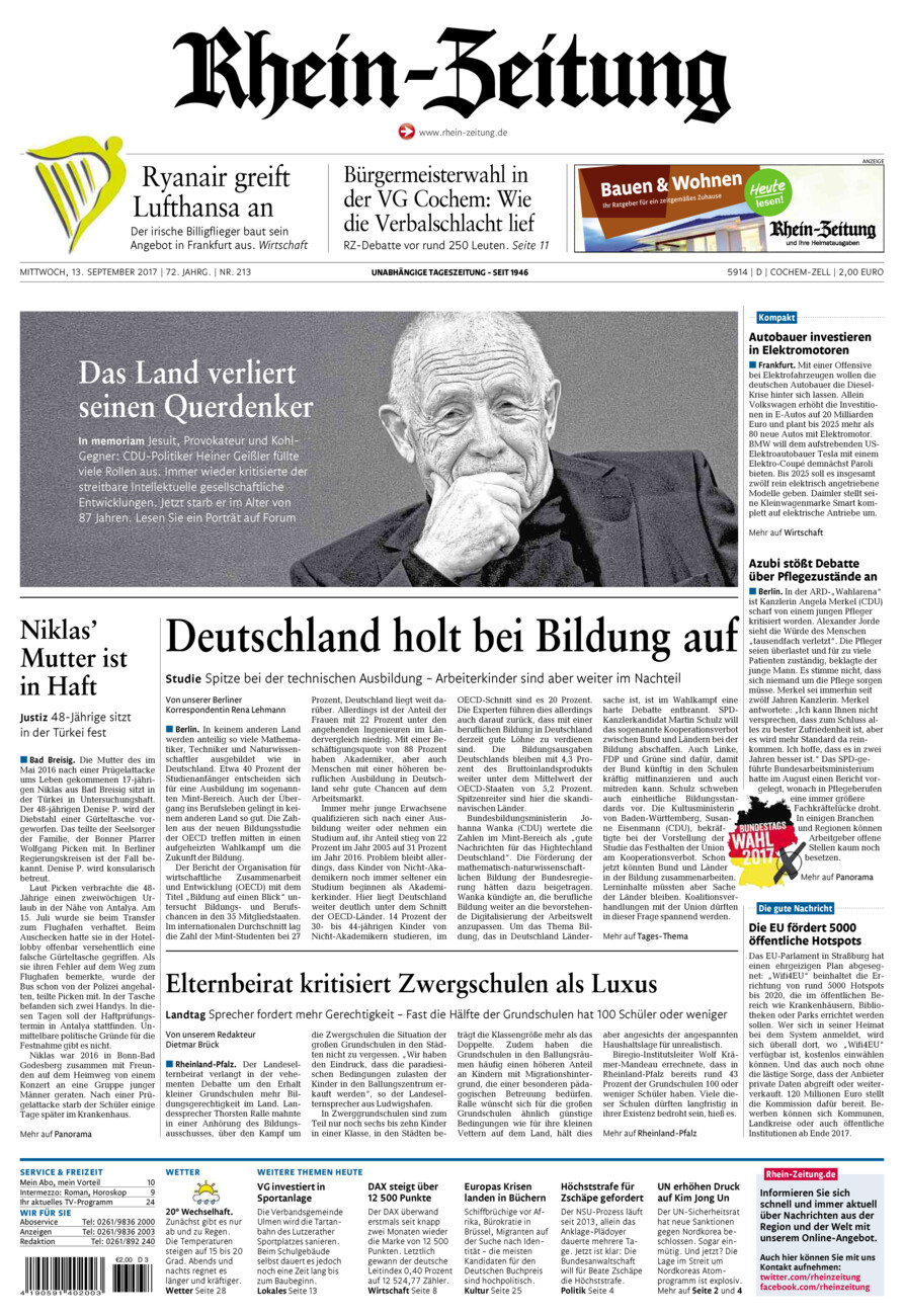 Rhein-Zeitung Kreis Cochem-Zell vom Mittwoch, 13.09.2017