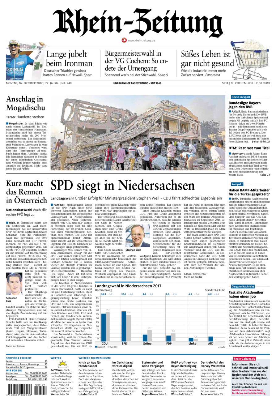 Rhein-Zeitung Kreis Cochem-Zell vom Montag, 16.10.2017